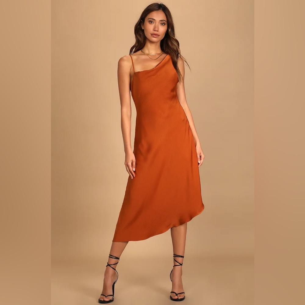 Lulus “Instant Impression” Asymmetrical Midi Dress Orange Sz S